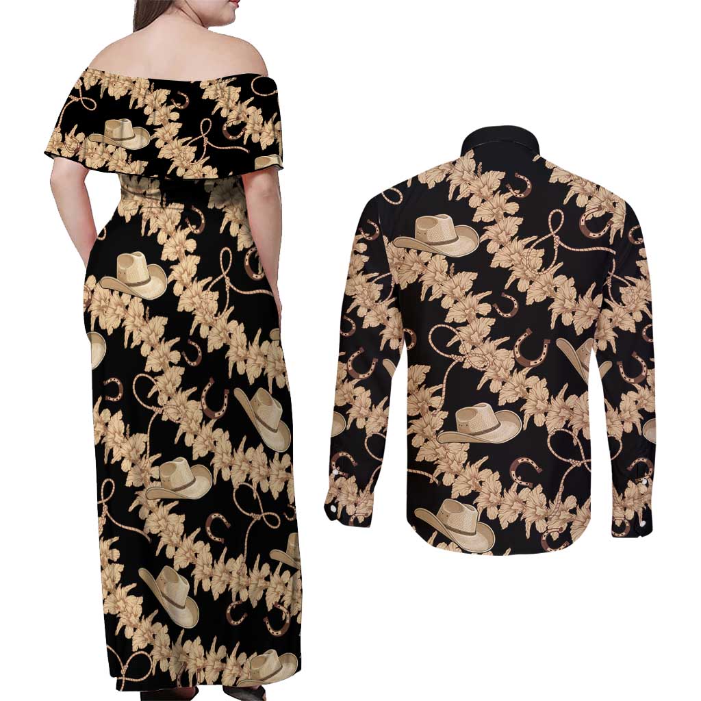Vanuatu Cowboy Couples Matching Off Shoulder Maxi Dress and Long Sleeve Button Shirt Seamless Straw Hats Hibiscus LT14 - Polynesian Pride