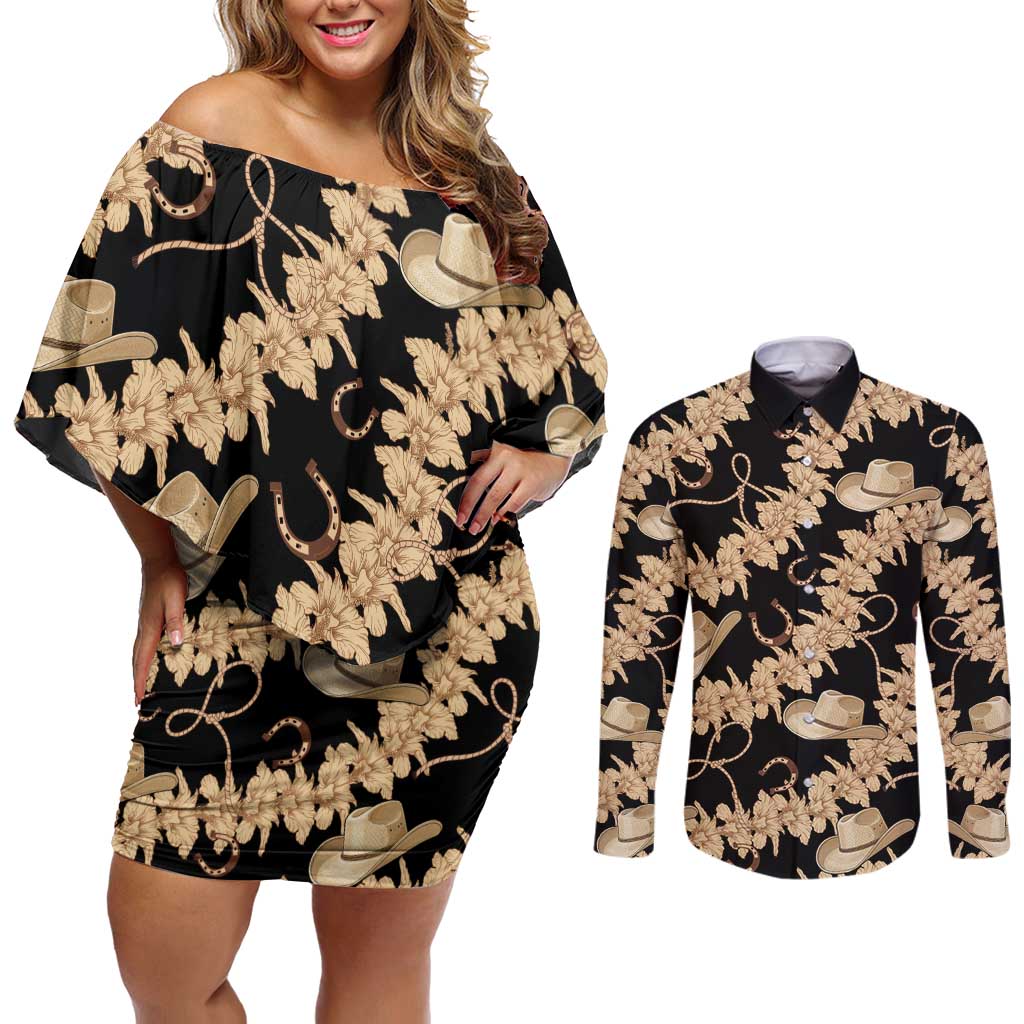 Vanuatu Cowboy Couples Matching Off Shoulder Short Dress and Long Sleeve Button Shirt Seamless Straw Hats Hibiscus LT14 Black - Polynesian Pride