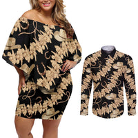 Vanuatu Cowboy Couples Matching Off Shoulder Short Dress and Long Sleeve Button Shirt Seamless Straw Hats Hibiscus LT14 Black - Polynesian Pride
