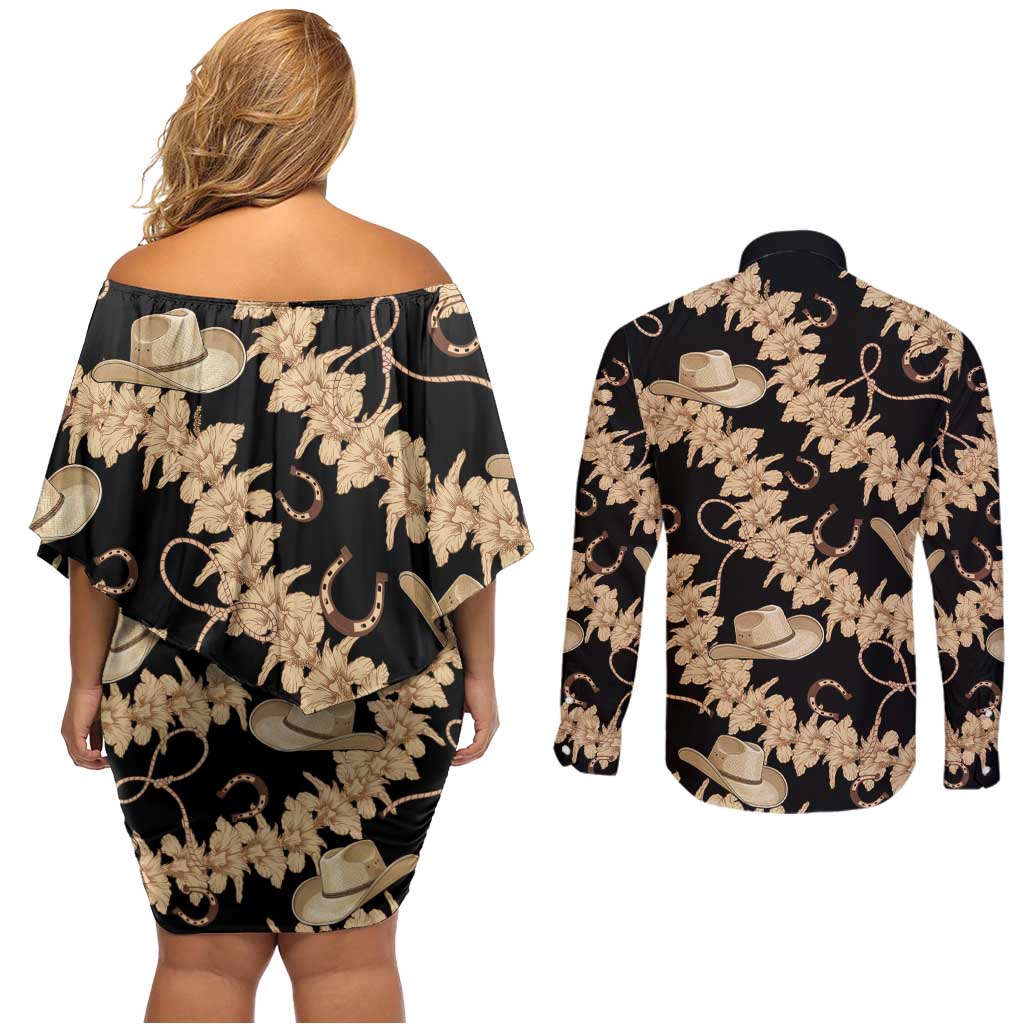 Vanuatu Cowboy Couples Matching Off Shoulder Short Dress and Long Sleeve Button Shirt Seamless Straw Hats Hibiscus LT14 - Polynesian Pride