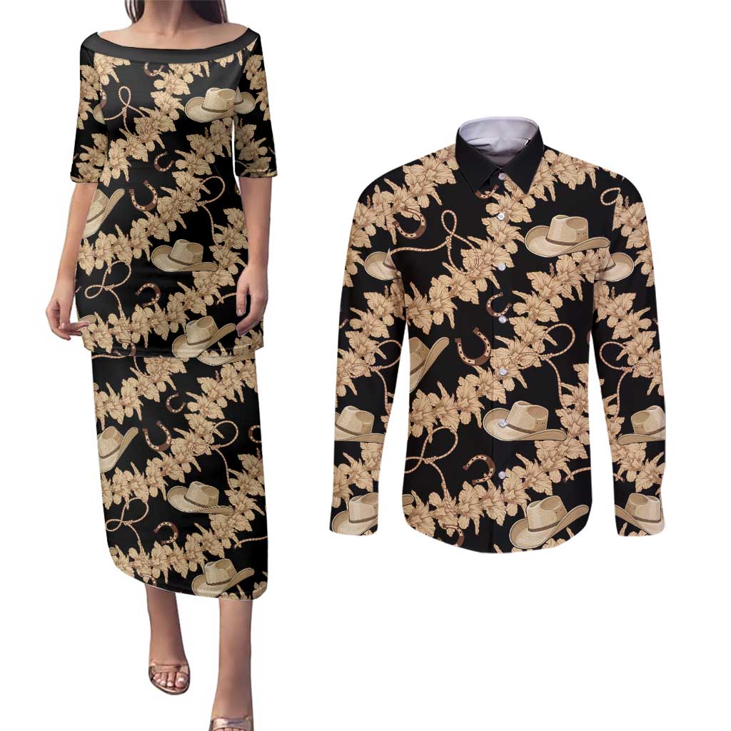 Vanuatu Cowboy Couples Matching Puletasi and Long Sleeve Button Shirt Seamless Straw Hats Hibiscus LT14 Black - Polynesian Pride