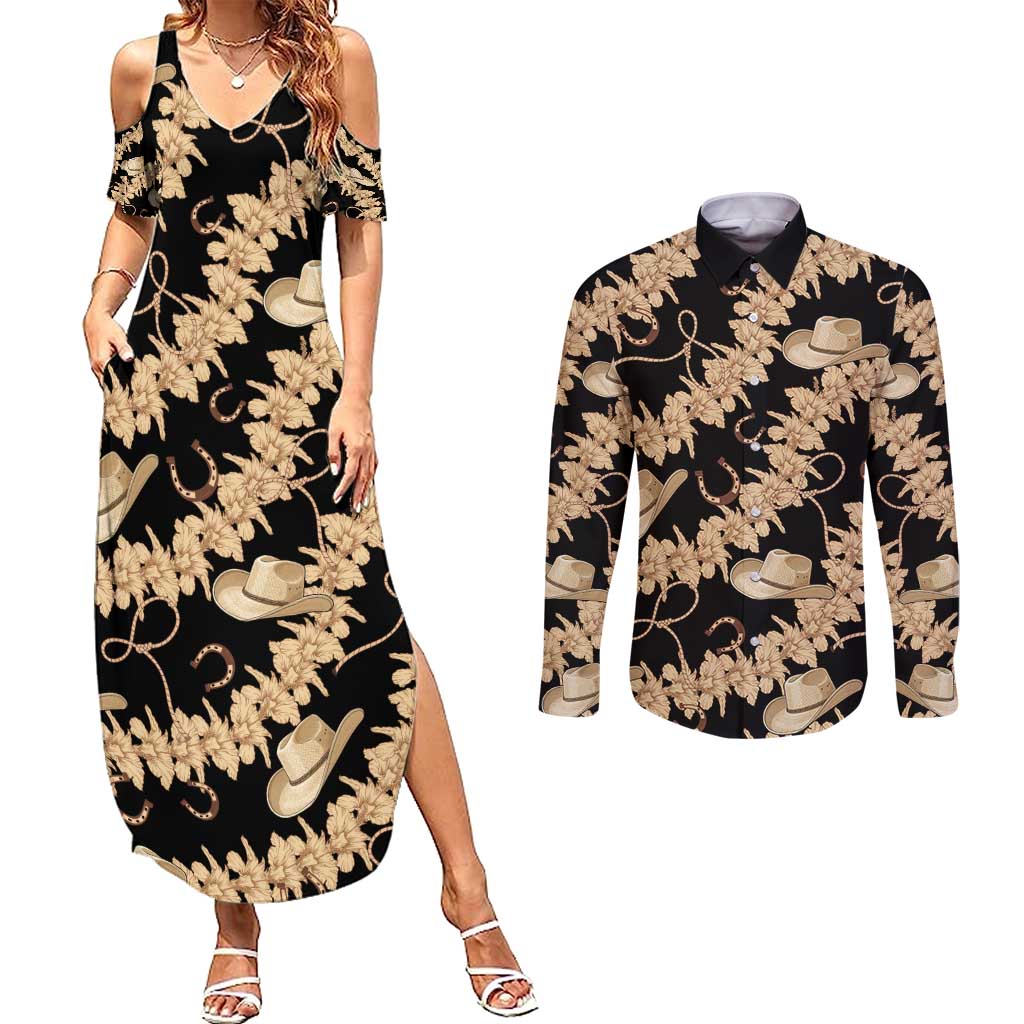 Vanuatu Cowboy Couples Matching Summer Maxi Dress and Long Sleeve Button Shirt Seamless Straw Hats Hibiscus LT14 Black - Polynesian Pride