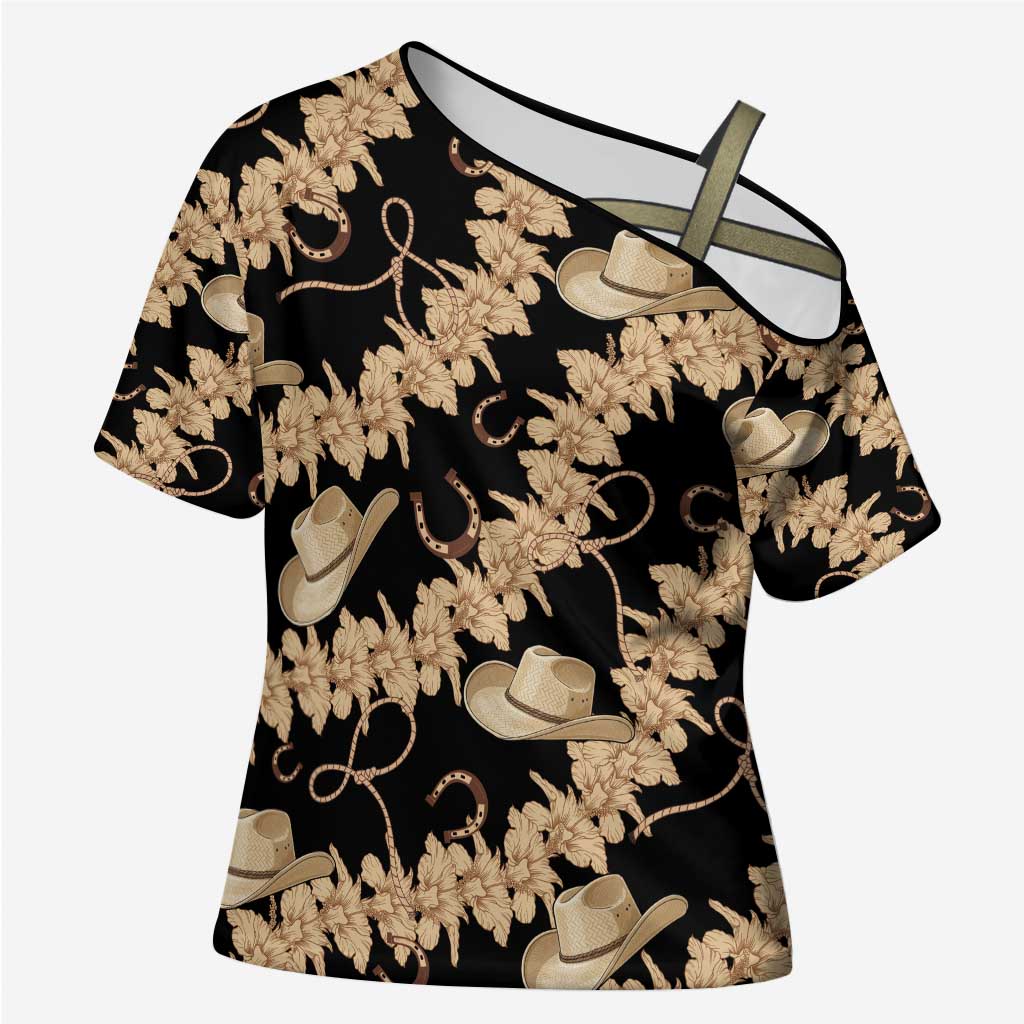 Vanuatu Cowboy Cross Shoulder Shirt Seamless Straw Hats Hibiscus LT14 Female Black - Polynesian Pride