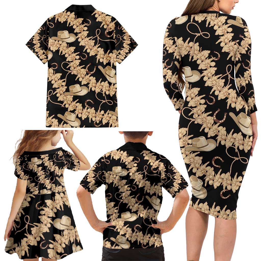 Vanuatu Cowboy Family Matching Long Sleeve Bodycon Dress and Hawaiian Shirt Seamless Straw Hats Hibiscus - Polynesian Pride