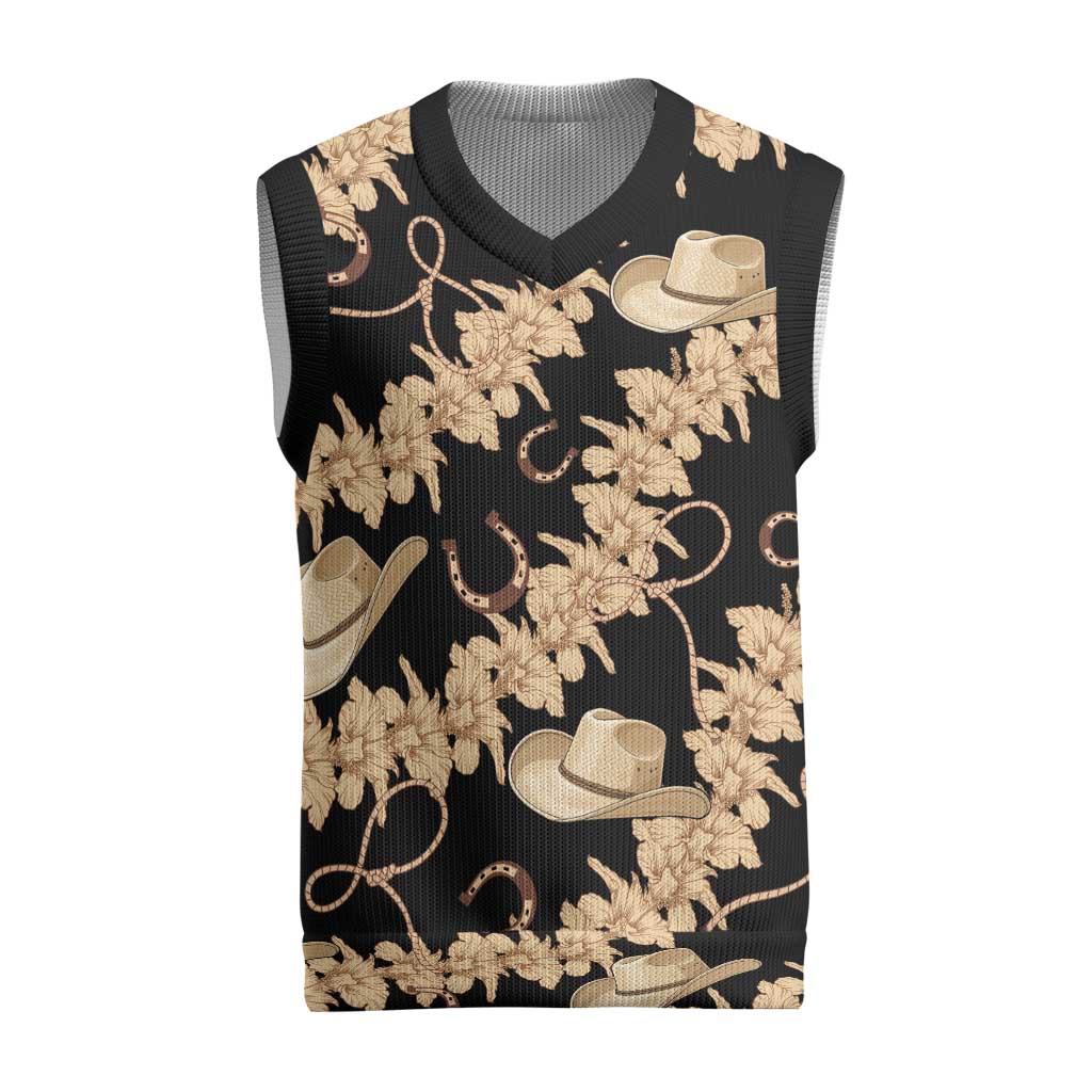 Vanuatu Cowboy Christmas Knitted V-Neck Vest Seamless Straw Hats Hibiscus LT14 Black - Polynesian Pride