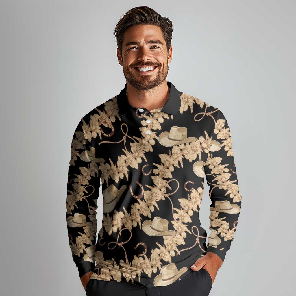 Vanuatu Cowboy Long Sleeve Polo Shirt Seamless Straw Hats Hibiscus - Polynesian Pride