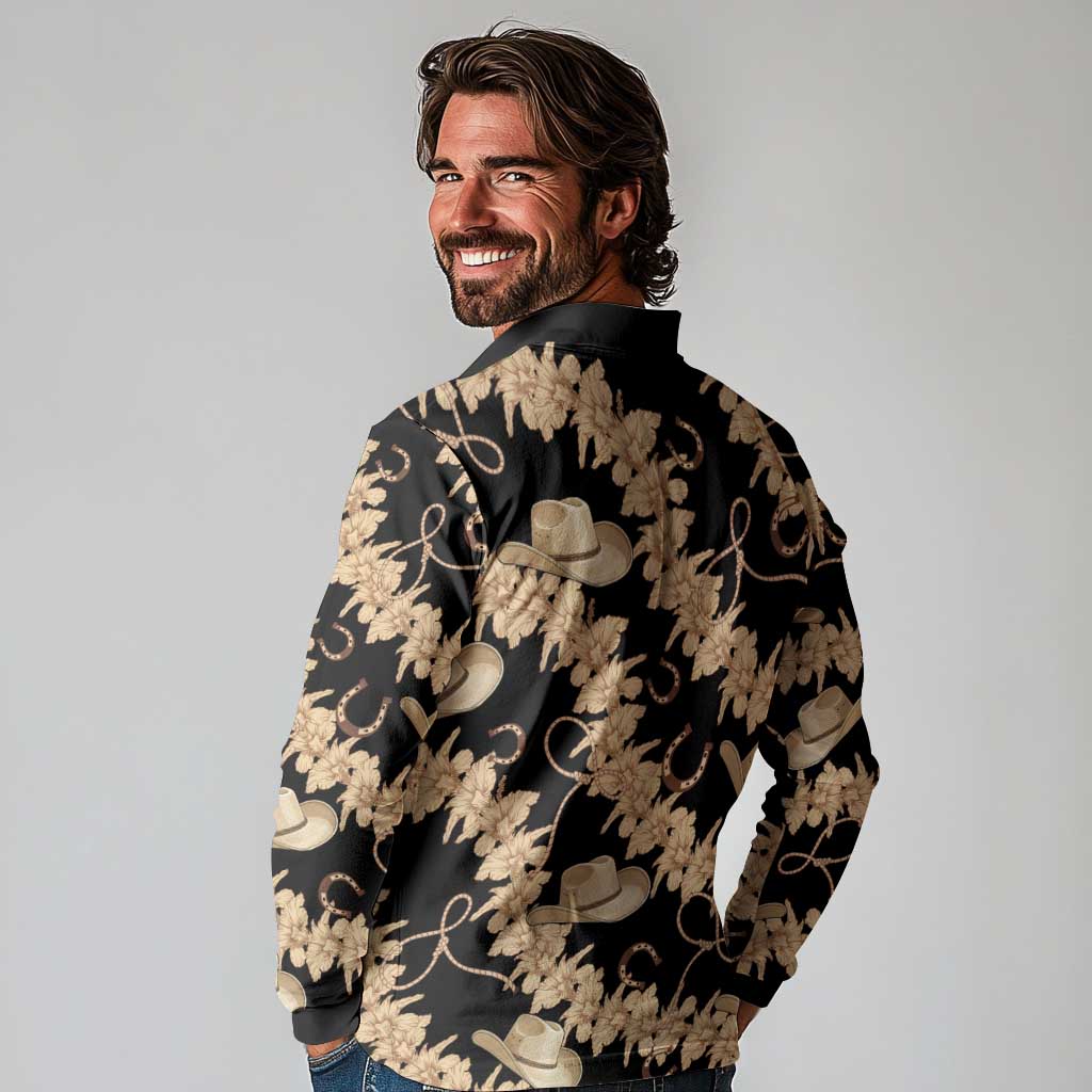 Vanuatu Cowboy Long Sleeve Polo Shirt Seamless Straw Hats Hibiscus - Polynesian Pride