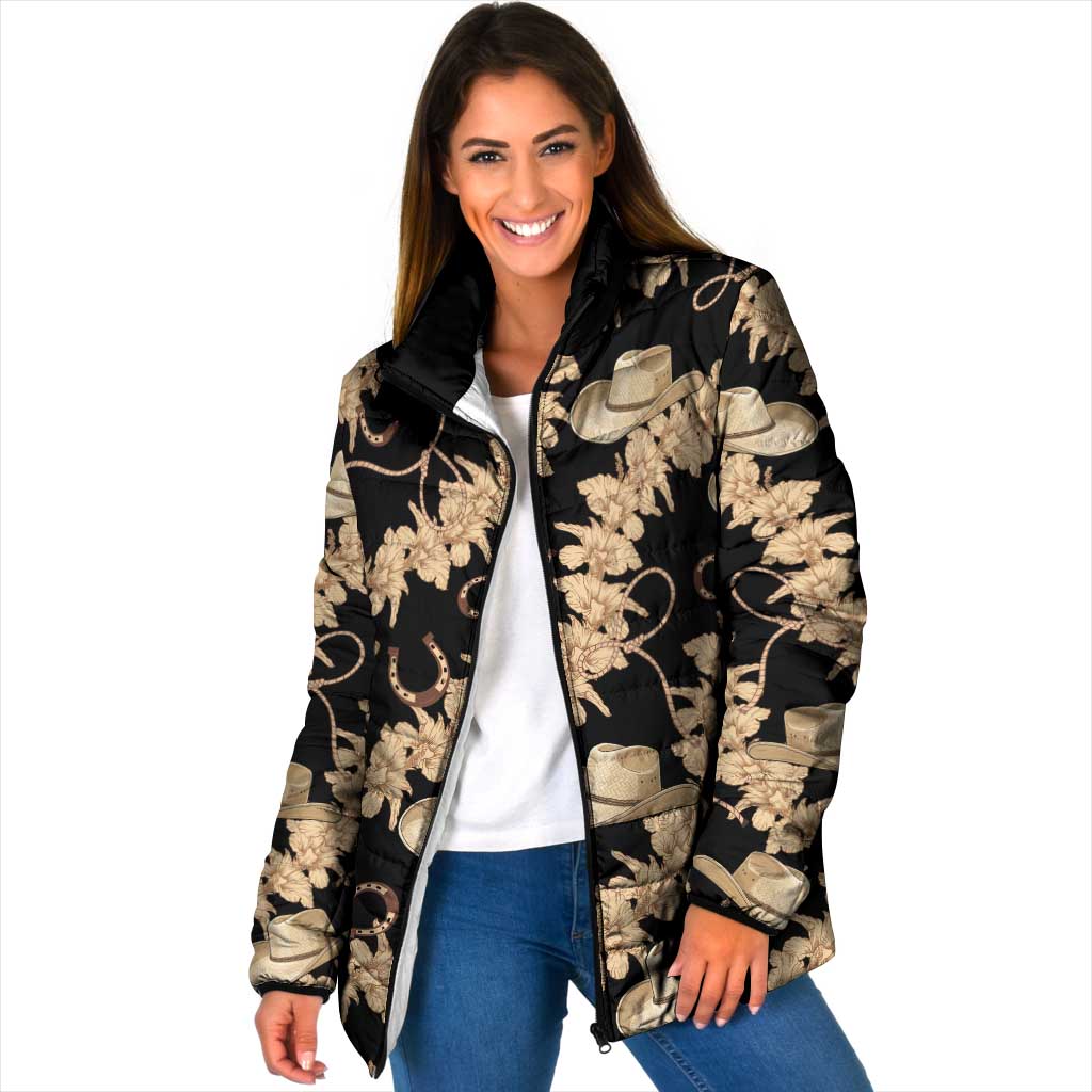 Vanuatu Cowboy Padded Jacket Seamless Straw Hats Hibiscus LT14 Women Black - Polynesian Pride