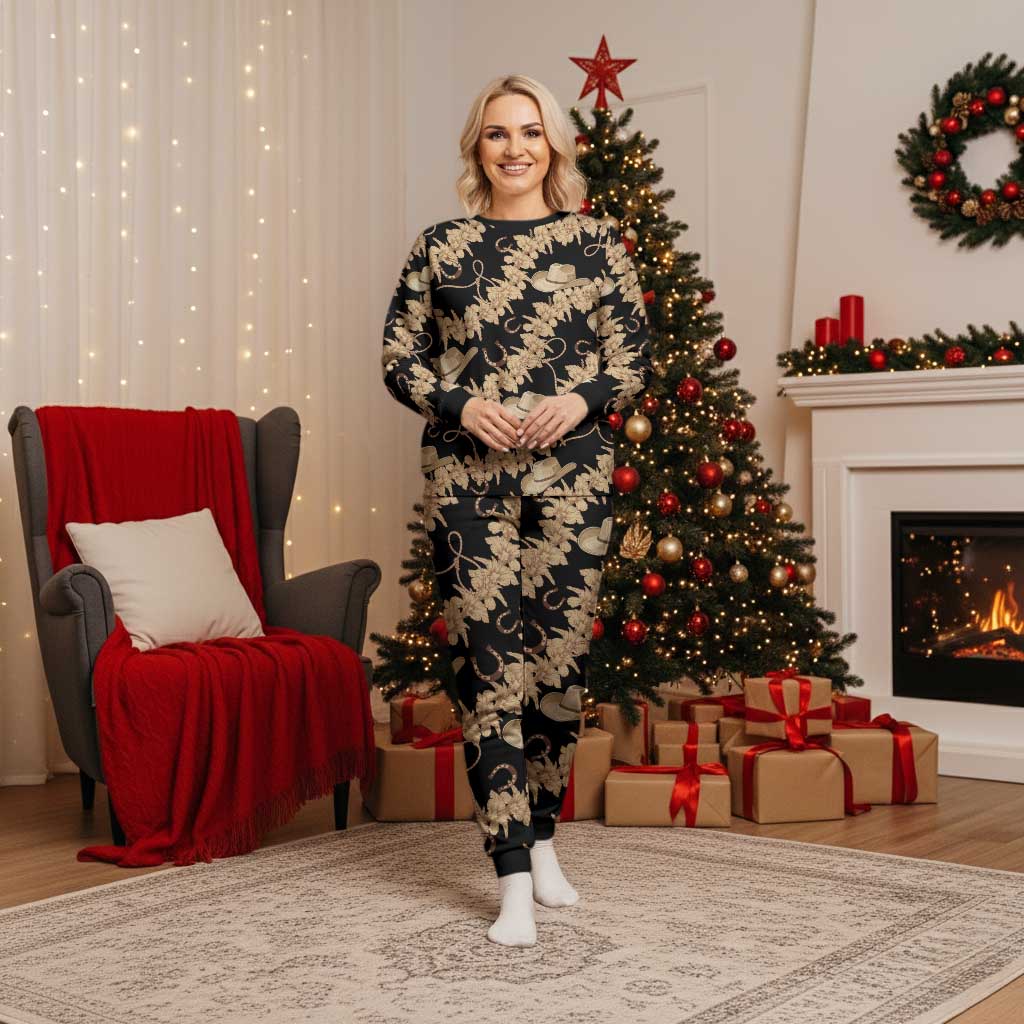 Vanuatu Cowboy Christmas Pajama Set Seamless Straw Hats Hibiscus LT14 Women Black - Polynesian Pride