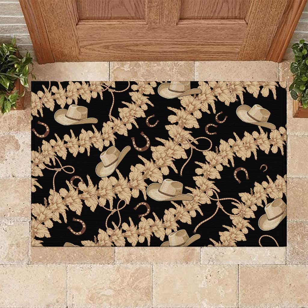 Vanuatu Cowboy Rubber Doormat Seamless Straw Hats Hibiscus LT14 Black - Polynesian Pride