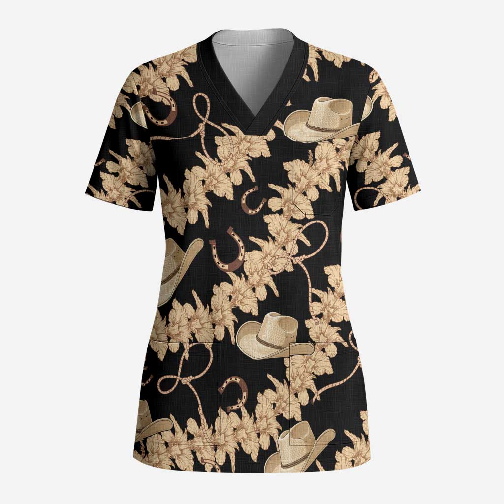 Vanuatu Cowboy Scrub Top Seamless Straw Hats Hibiscus LT14 Adult Black - Polynesian Pride