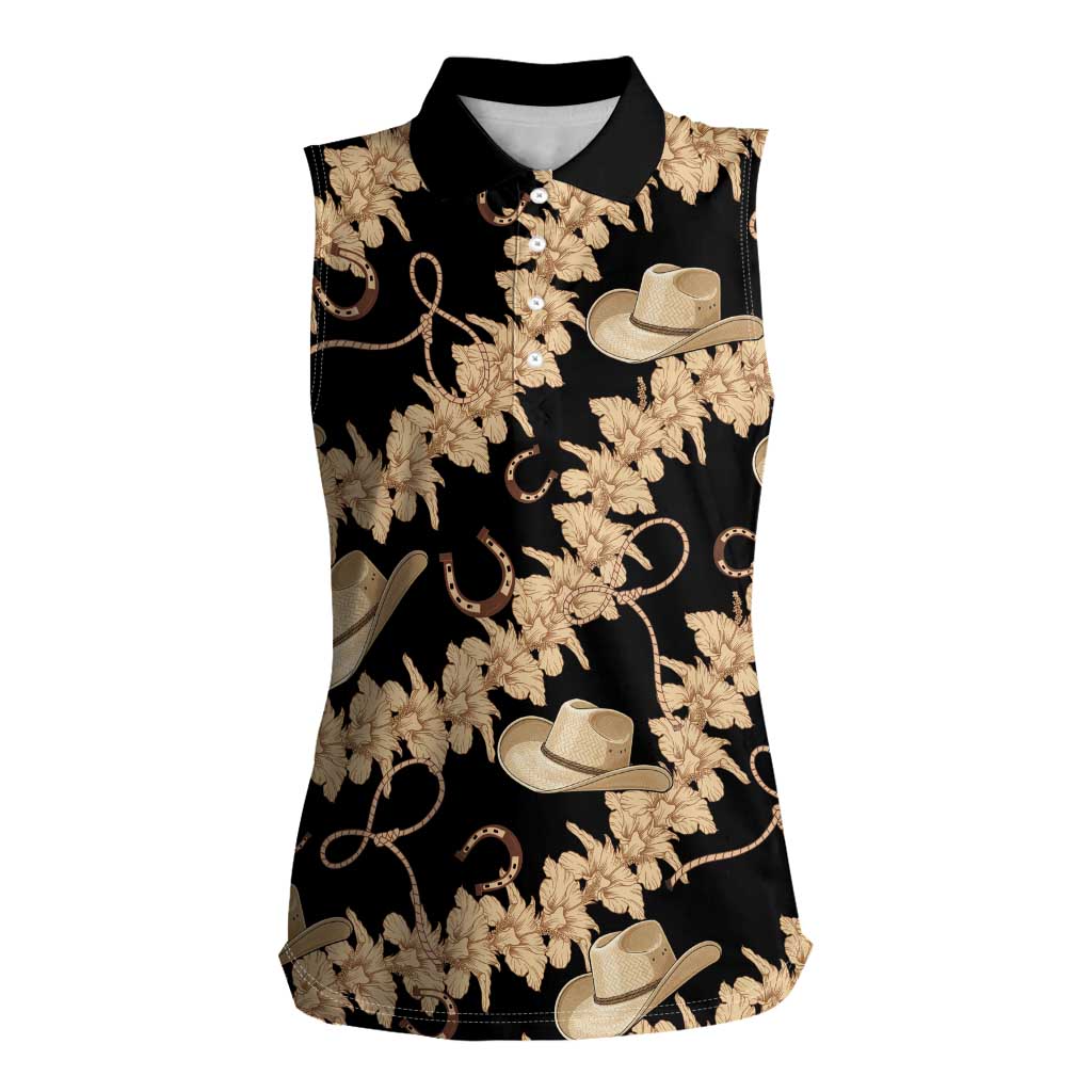 Vanuatu Cowboy Women Sleeveless Polo Shirt Seamless Straw Hats Hibiscus LT14 Female Black - Polynesian Pride