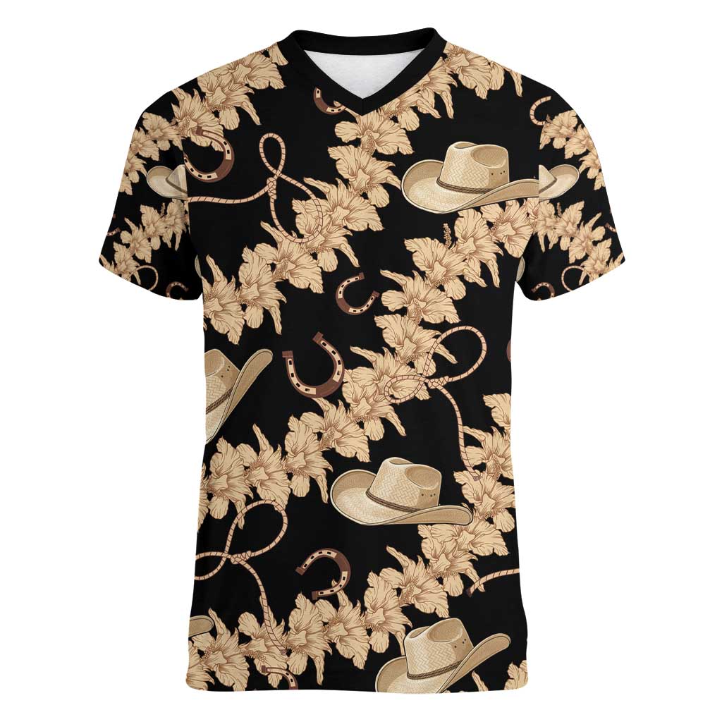 Vanuatu Cowboy Women V-Neck T-Shirt Seamless Straw Hats Hibiscus - Polynesian Pride
