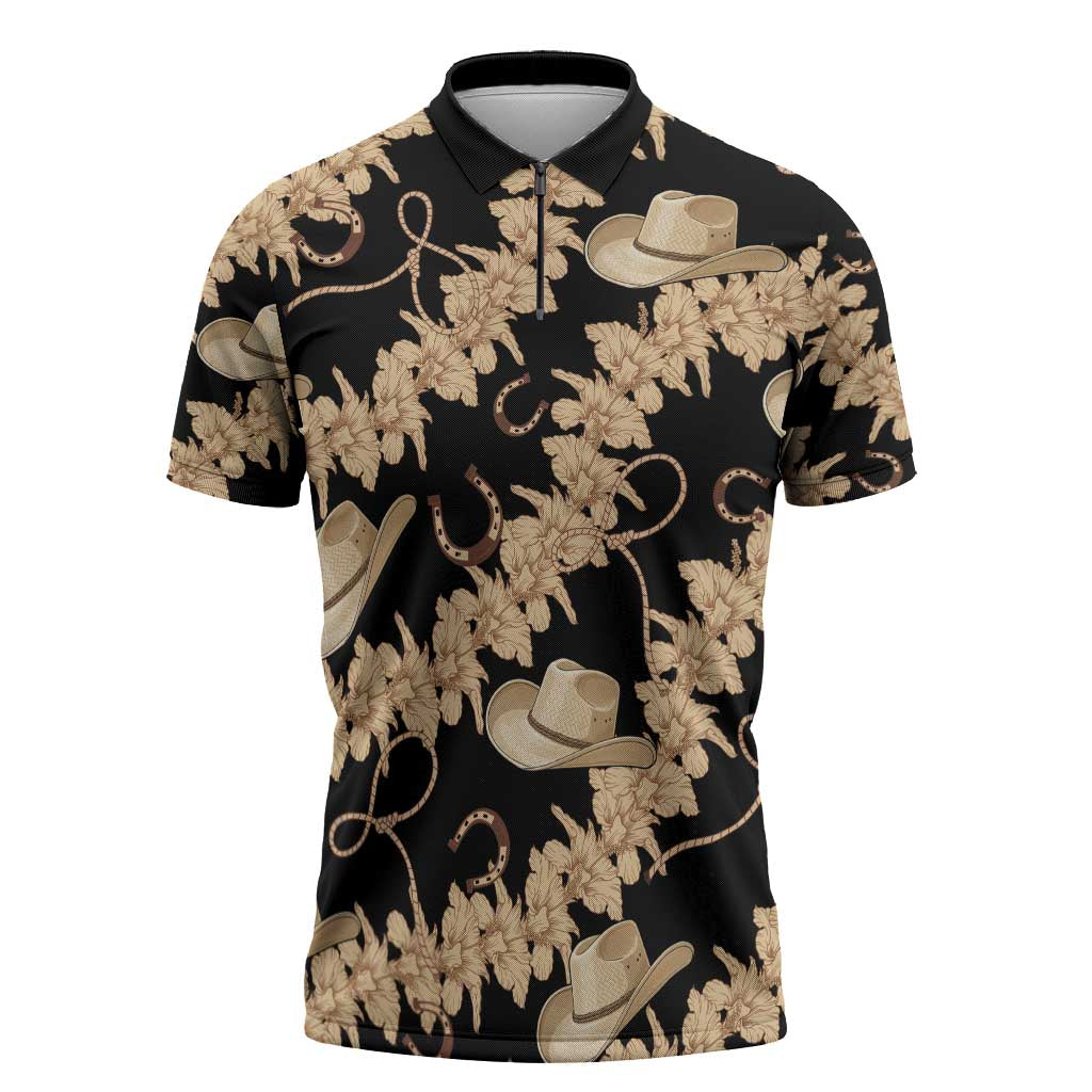 Vanuatu Cowboy Zipper Polo Shirt Seamless Straw Hats Hibiscus LT14 Black - Polynesian Pride