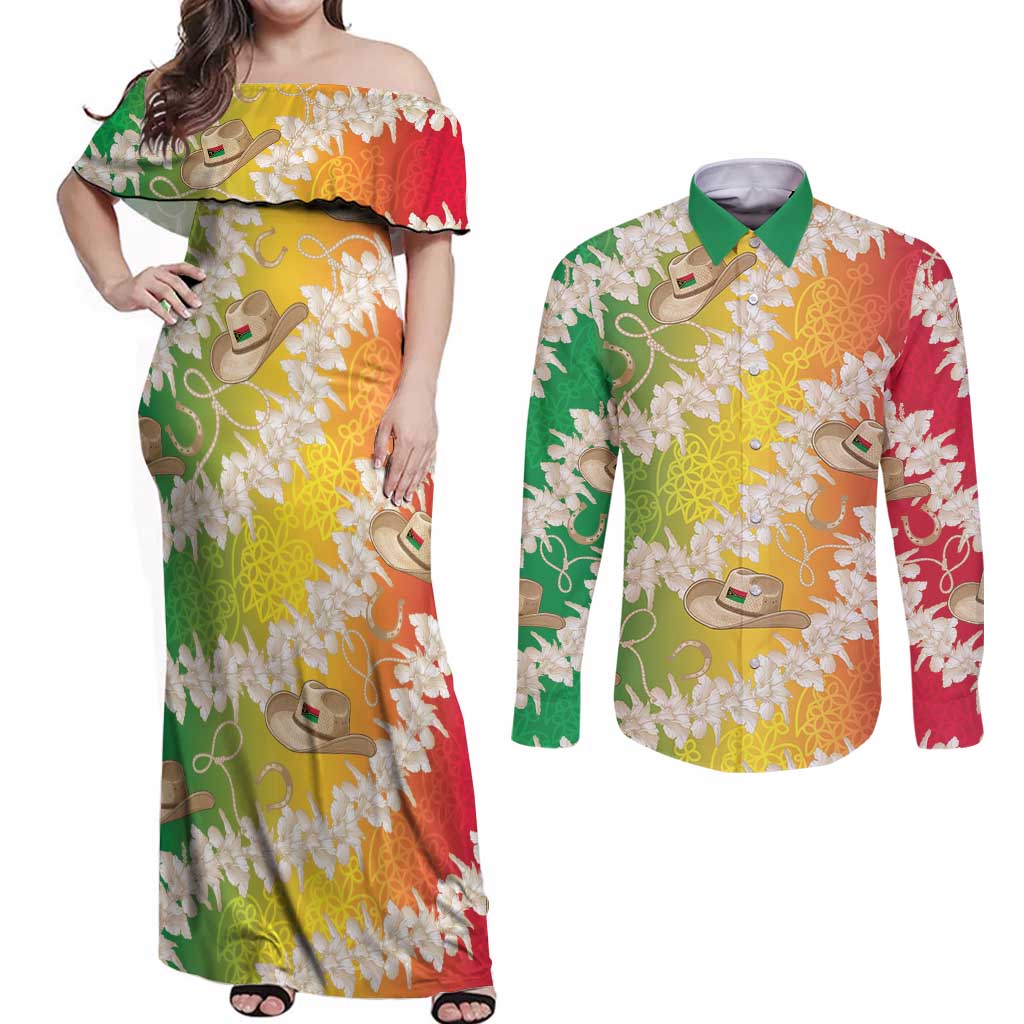 Vanuatu Cowboy Couples Matching Off Shoulder Maxi Dress and Long Sleeve Button Shirt Straw Hats Hibiscus With Sand Drawing LT14 Reggae - Polynesian Pride