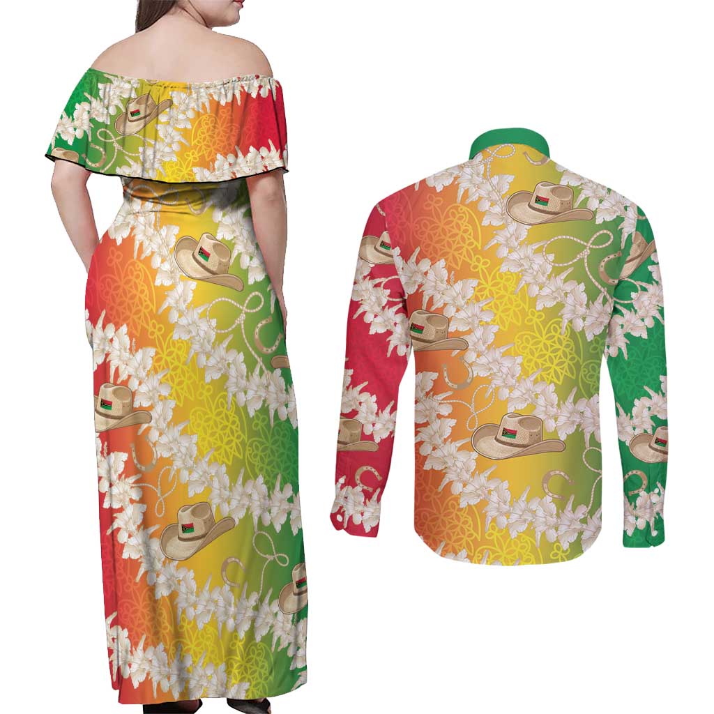 Vanuatu Cowboy Couples Matching Off Shoulder Maxi Dress and Long Sleeve Button Shirt Straw Hats Hibiscus With Sand Drawing LT14 - Polynesian Pride