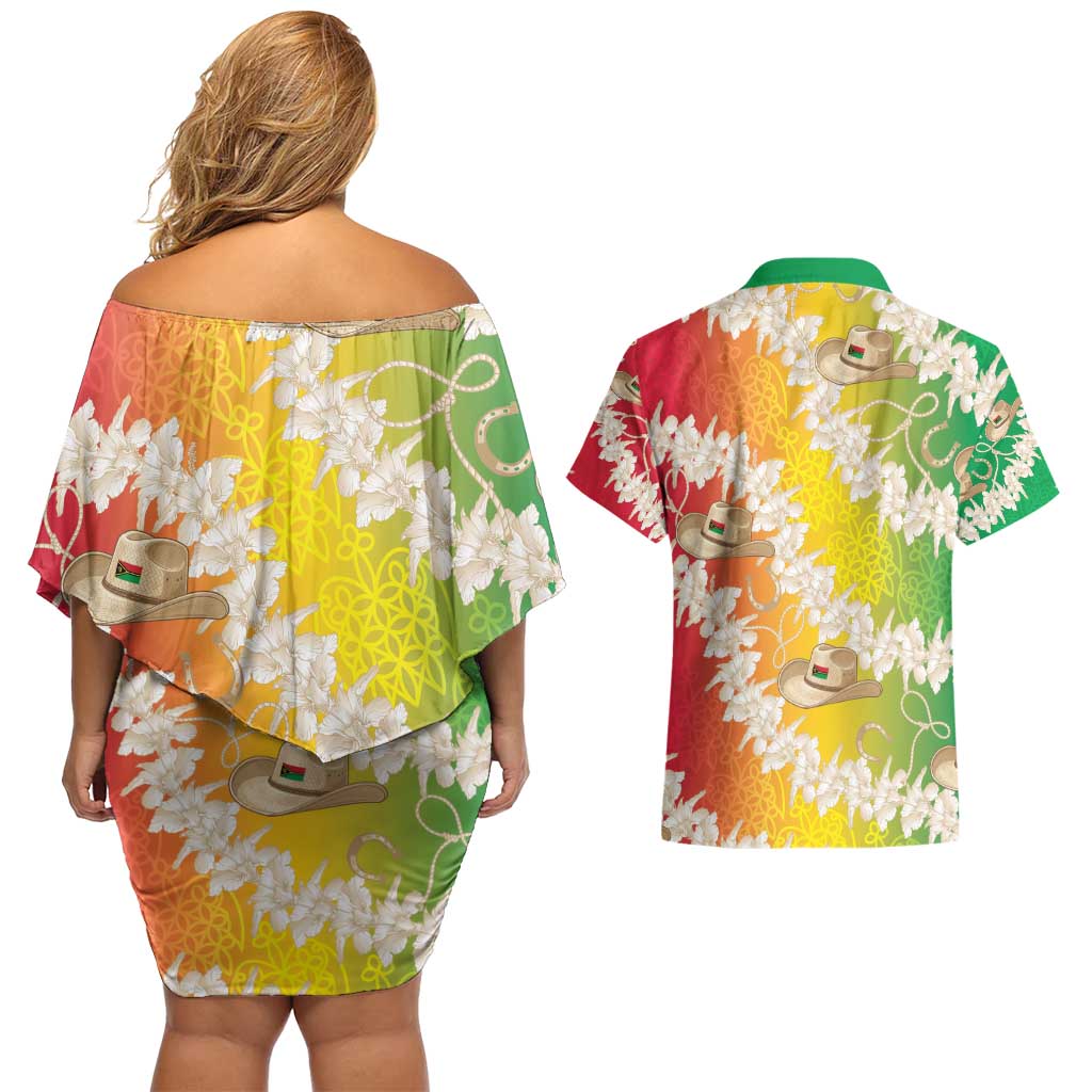 Vanuatu Cowboy Couples Matching Off Shoulder Short Dress and Hawaiian Shirt Straw Hats Hibiscus With Sand Drawing - Polynesian Pride