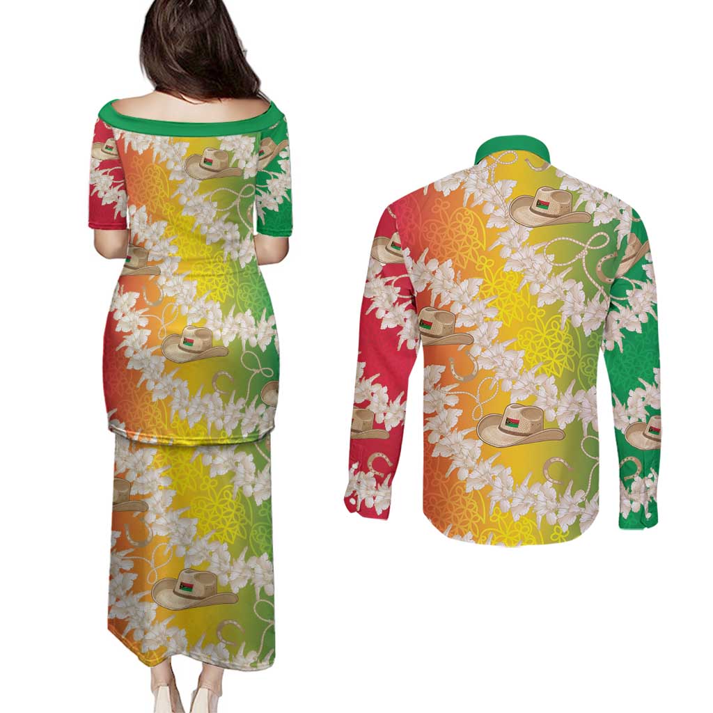 Vanuatu Cowboy Couples Matching Puletasi and Long Sleeve Button Shirt Straw Hats Hibiscus With Sand Drawing LT14 - Polynesian Pride