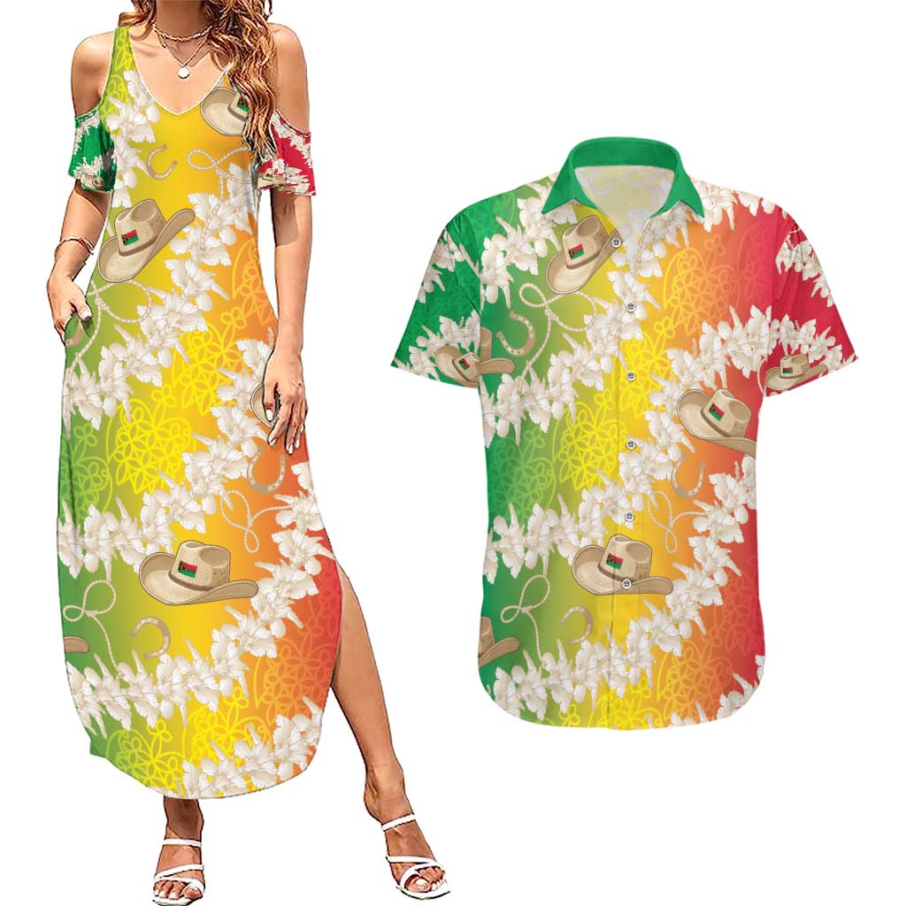 Vanuatu Cowboy Couples Matching Summer Maxi Dress and Hawaiian Shirt Straw Hats Hibiscus With Sand Drawing - Polynesian Pride