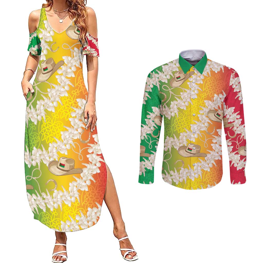 Vanuatu Cowboy Couples Matching Summer Maxi Dress and Long Sleeve Button Shirt Straw Hats Hibiscus With Sand Drawing LT14 Reggae - Polynesian Pride