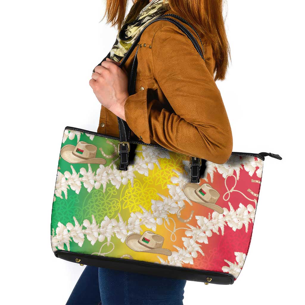 Vanuatu Cowboy Leather Tote Bag Straw Hats Hibiscus With Sand Drawing - Polynesian Pride