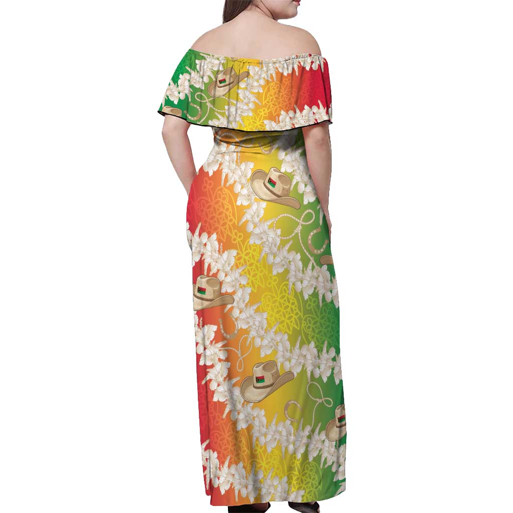 Vanuatu Cowboy Off Shoulder Maxi Dress Straw Hats Hibiscus With Sand Drawing - Polynesian Pride