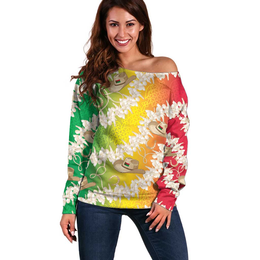 Vanuatu Cowboy Off Shoulder Sweater Straw Hats Hibiscus With Sand Drawing - Polynesian Pride
