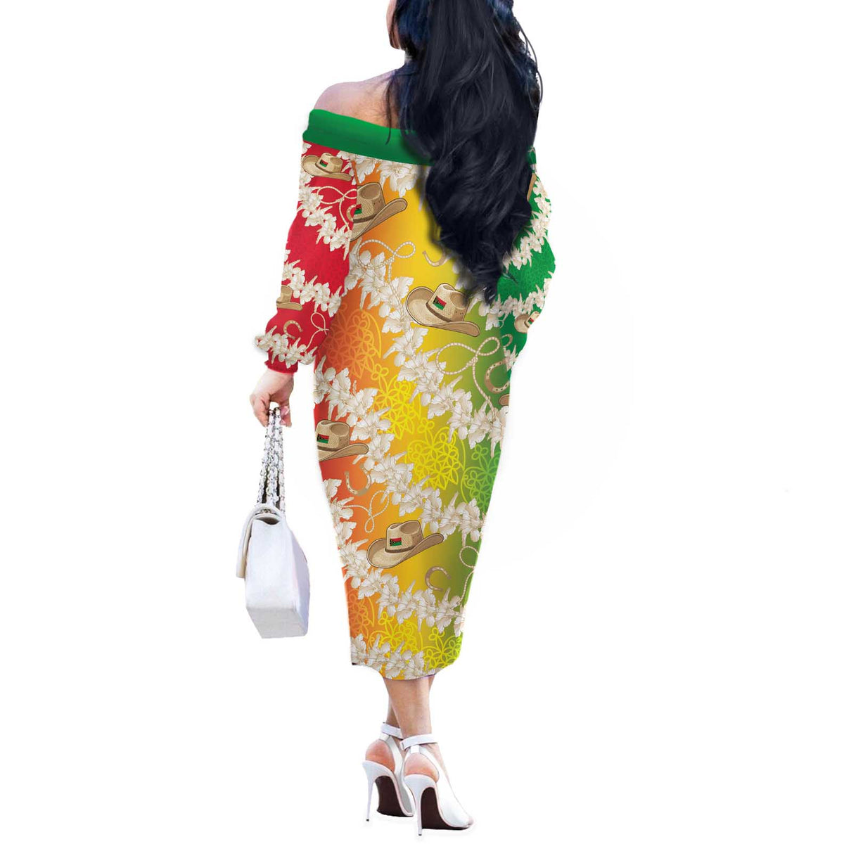 Vanuatu Cowboy Off The Shoulder Long Sleeve Dress Straw Hats Hibiscus With Sand Drawing - Polynesian Pride