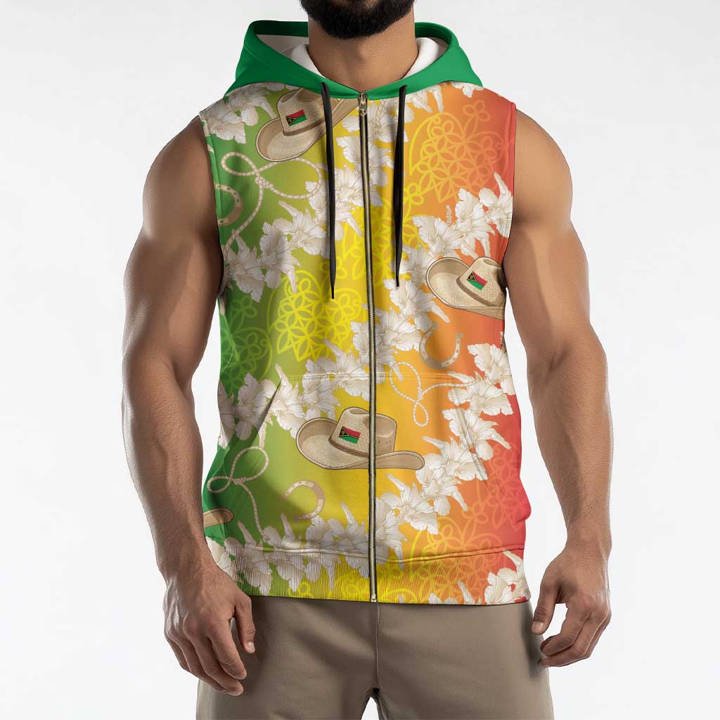 Vanuatu Cowboy Sleeveless Zip Hoodie Straw Hats Hibiscus With Sand Drawing - Polynesian Pride
