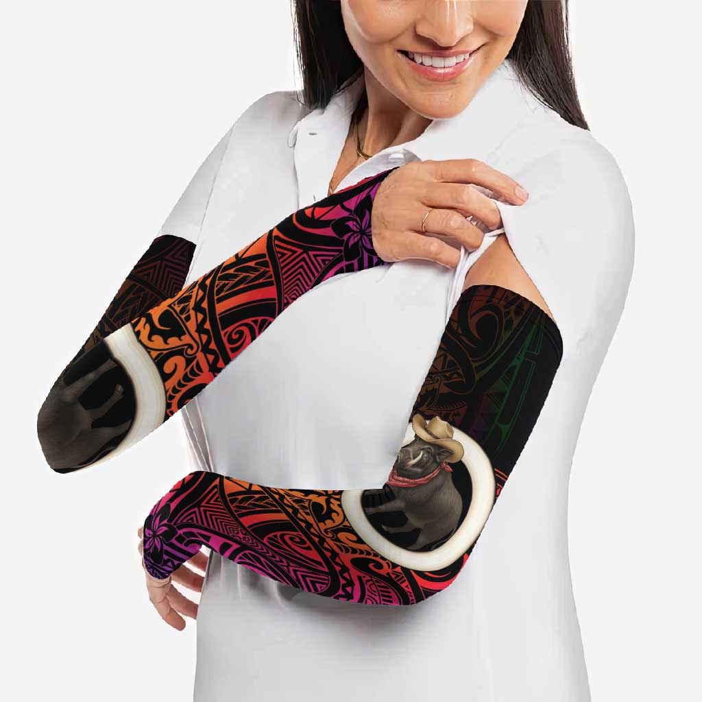 Vanuatu Boar Cowboy Arm Sleeves Tusk Gradient Polynesian Pattern - Polynesian Pride