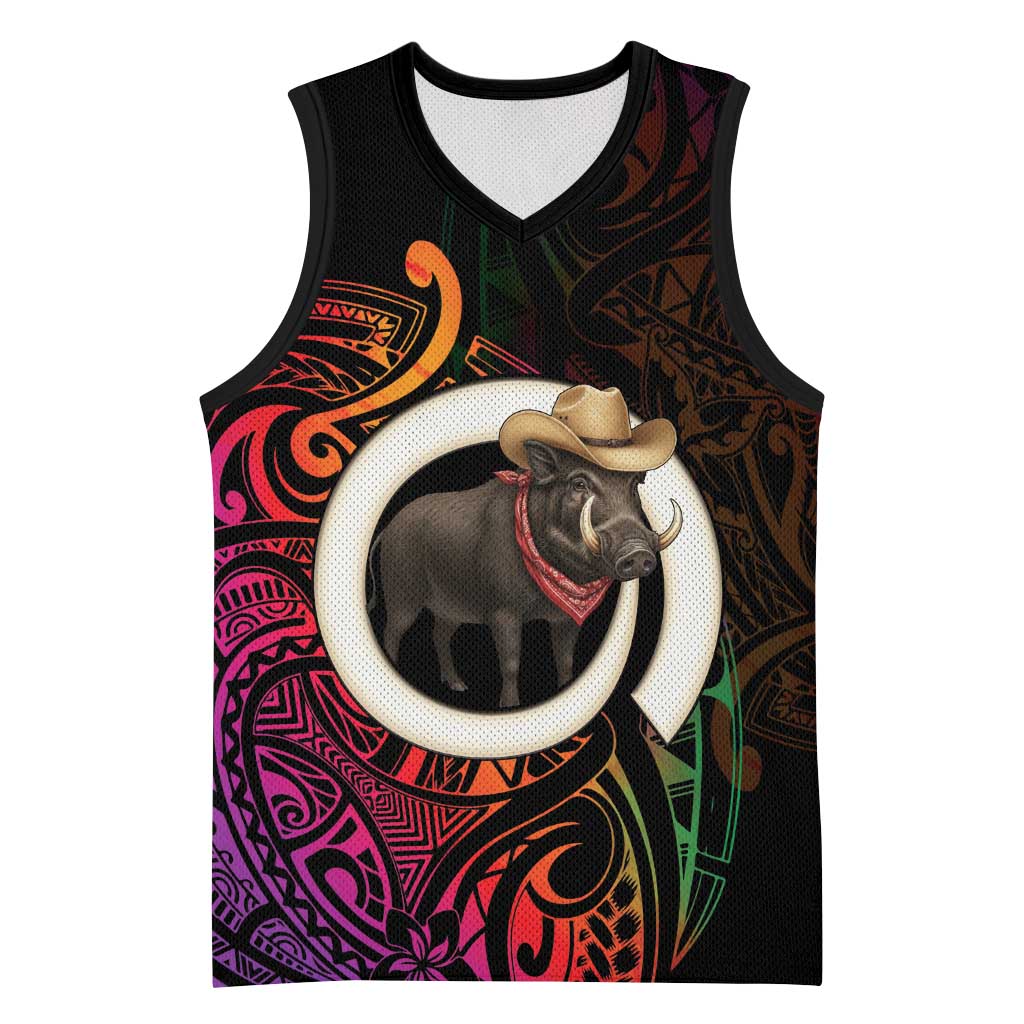 Vanuatu Boar Cowboy Basketball Jersey Tusk Gradient Polynesian Pattern LT14 Unisex Black - Polynesian Pride