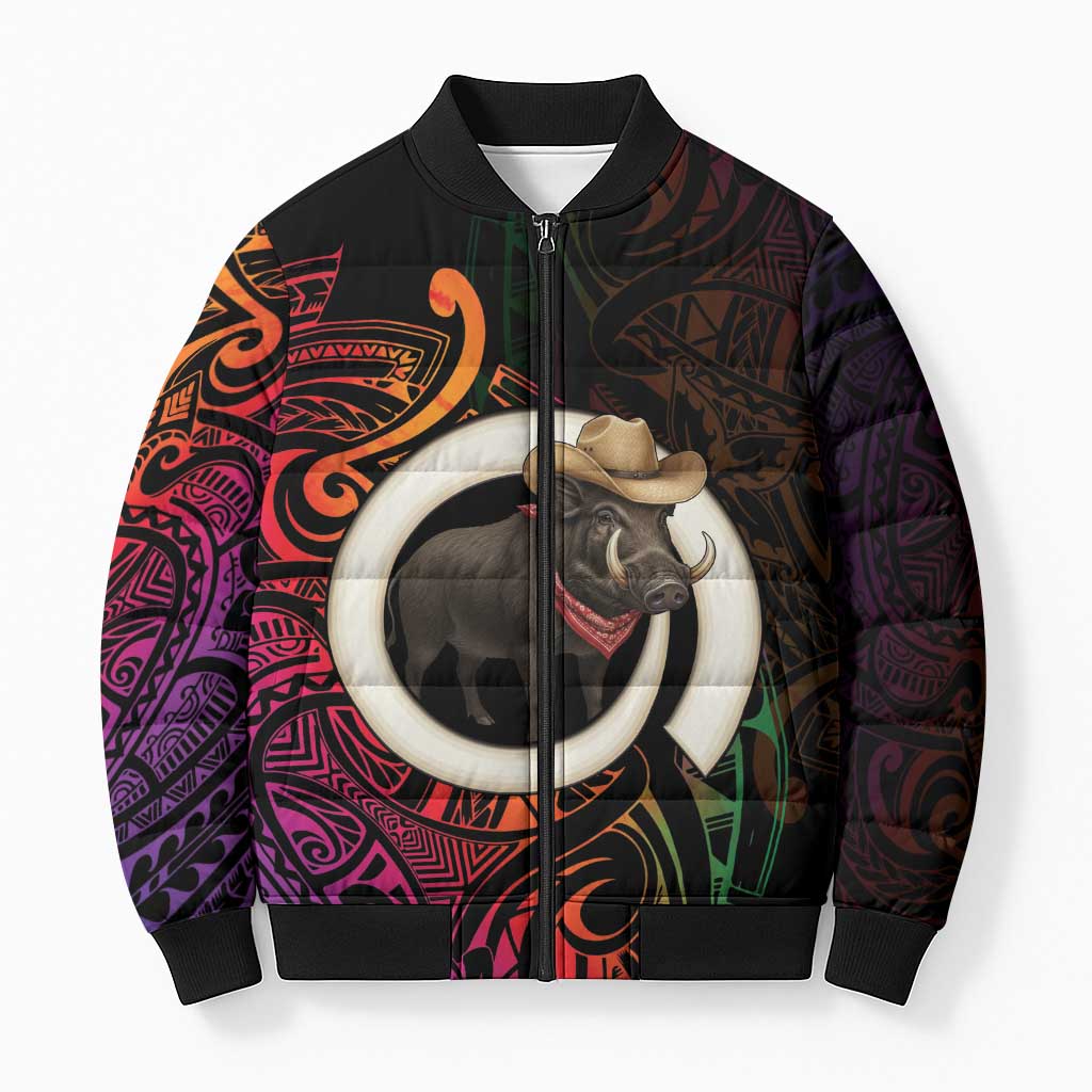 Vanuatu Boar Cowboy Bomber Puffer Jacket Tusk Gradient Polynesian Pattern LT14 Unisex Black - Polynesian Pride