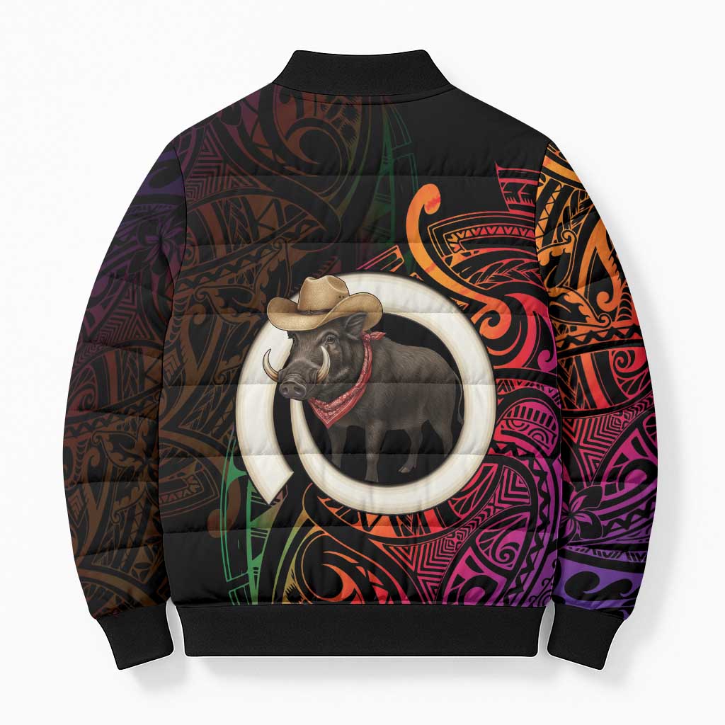 Vanuatu Boar Cowboy Bomber Puffer Jacket Tusk Gradient Polynesian Pattern LT14 - Polynesian Pride