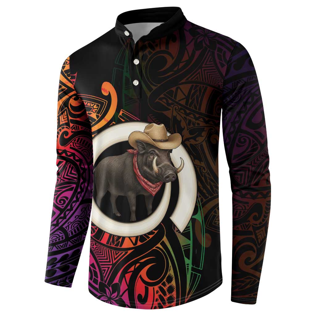 Vanuatu Boar Cowboy Button Sweatshirt Tusk Gradient Polynesian Pattern LT14 - Polynesian Pride