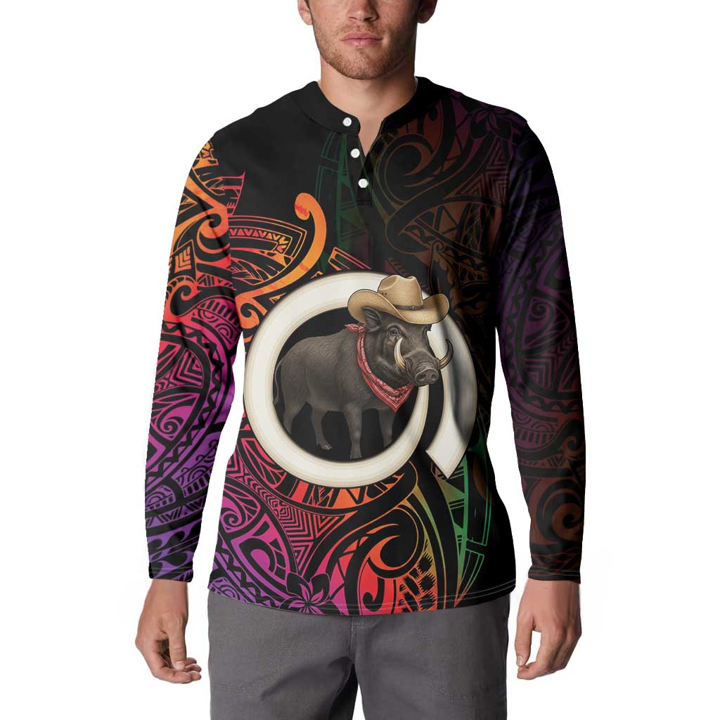 Vanuatu Boar Cowboy Button Sweatshirt Tusk Gradient Polynesian Pattern LT14 - Polynesian Pride