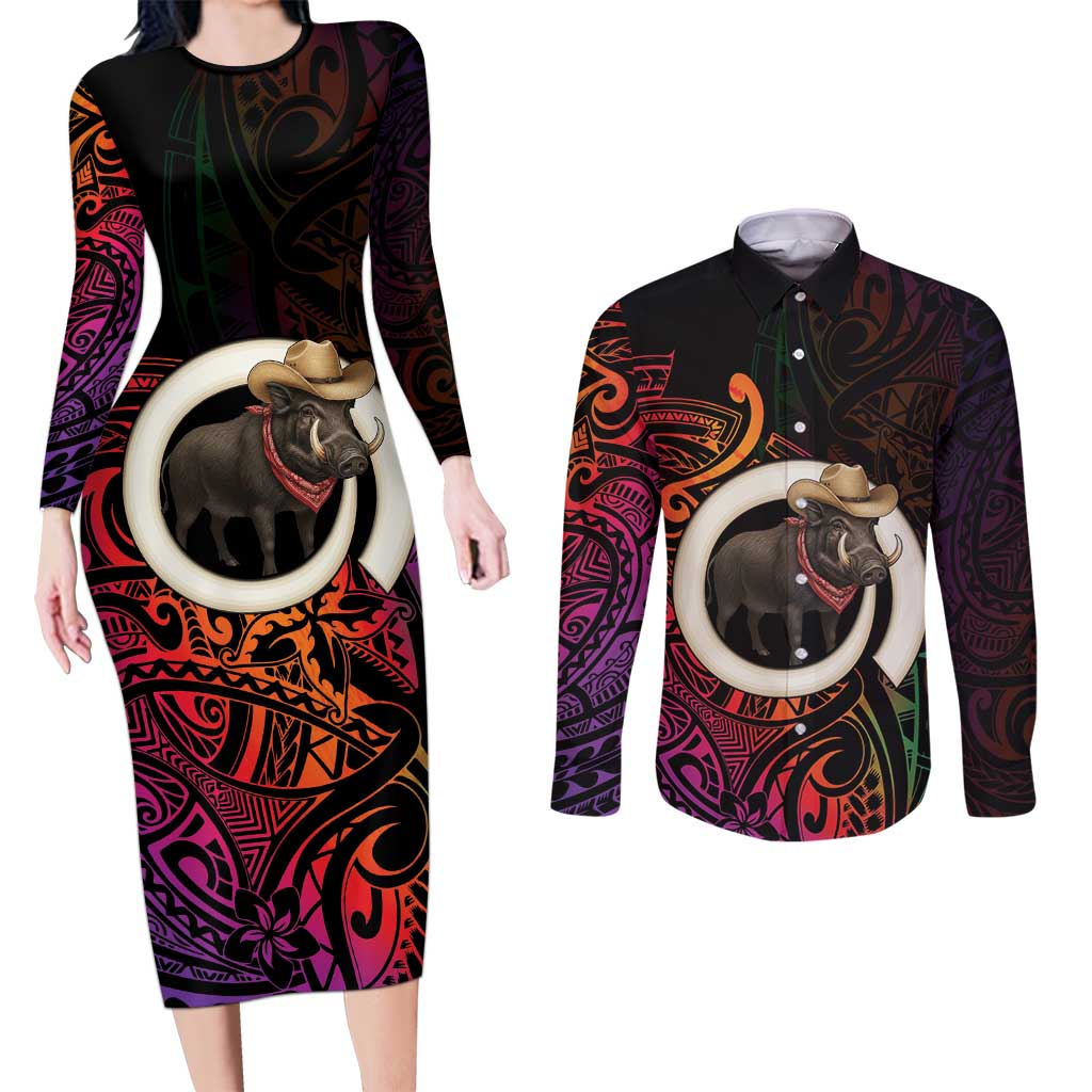 Vanuatu Boar Cowboy Couples Matching Long Sleeve Bodycon Dress and Long Sleeve Button Shirt Tusk Gradient Polynesian Pattern LT14 Black - Polynesian Pride