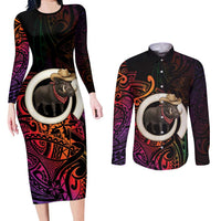 Vanuatu Boar Cowboy Couples Matching Long Sleeve Bodycon Dress and Long Sleeve Button Shirt Tusk Gradient Polynesian Pattern LT14 Black - Polynesian Pride