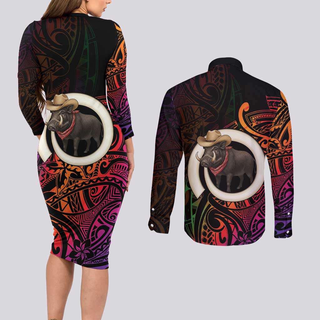 Vanuatu Boar Cowboy Couples Matching Long Sleeve Bodycon Dress and Long Sleeve Button Shirt Tusk Gradient Polynesian Pattern LT14 - Polynesian Pride