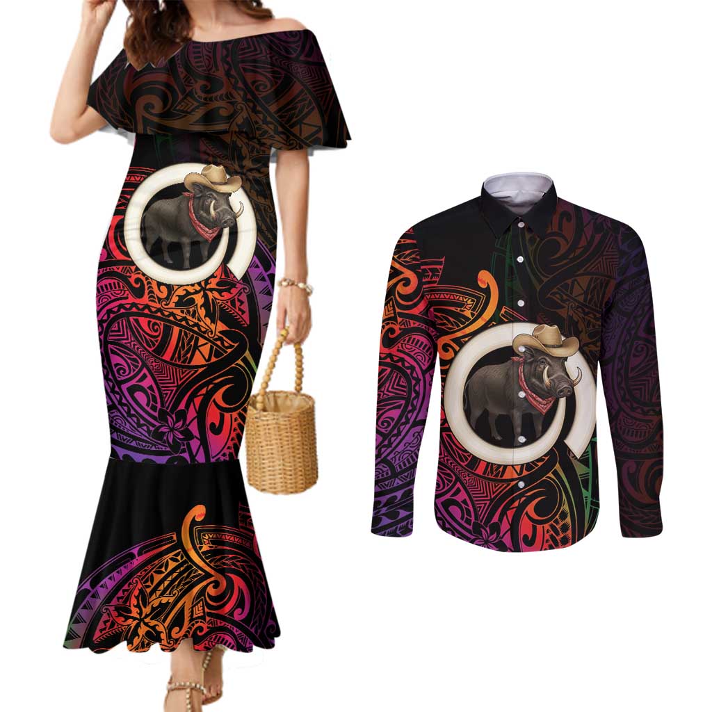 Vanuatu Boar Cowboy Couples Matching Mermaid Dress and Long Sleeve Button Shirt Tusk Gradient Polynesian Pattern LT14 Black - Polynesian Pride