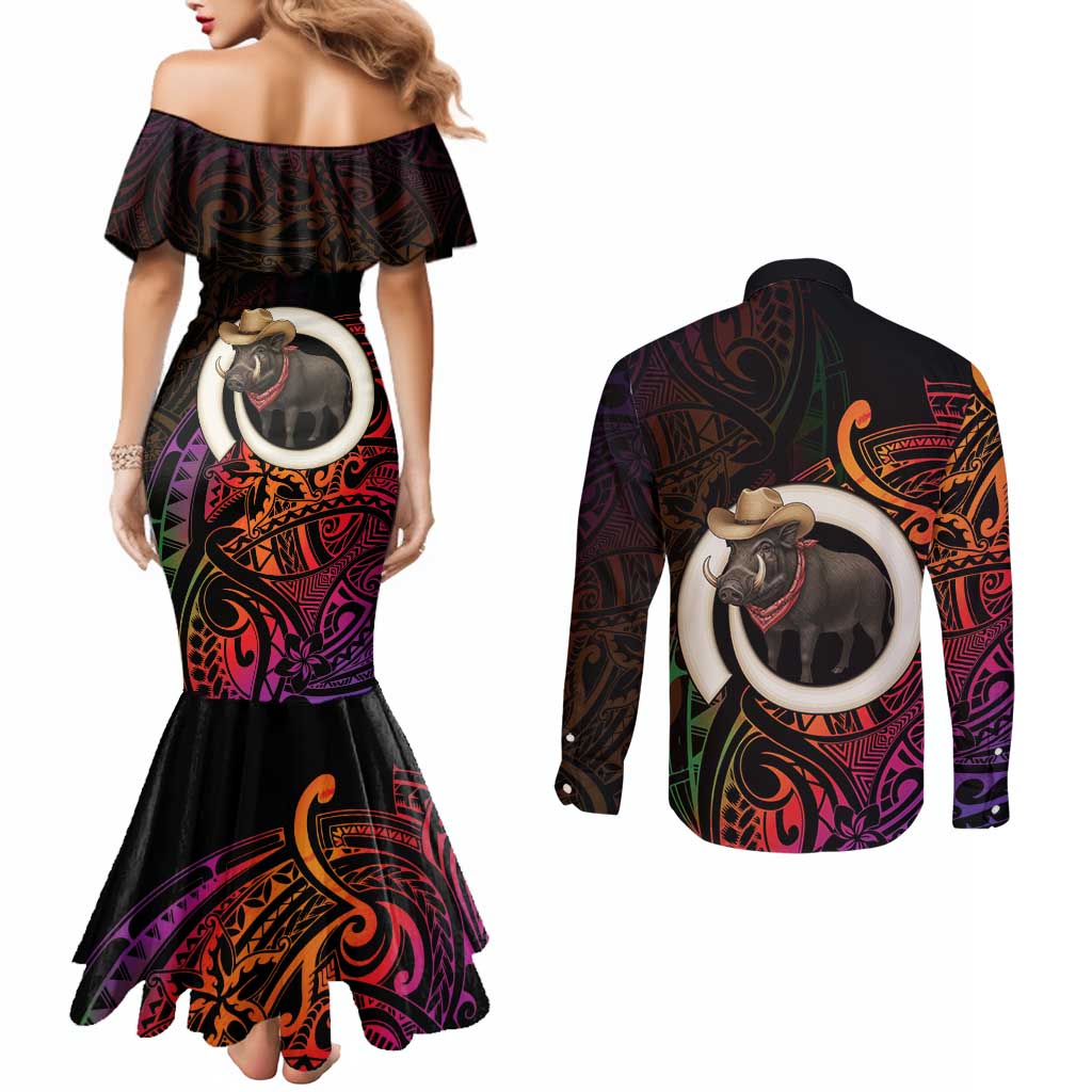 Vanuatu Boar Cowboy Couples Matching Mermaid Dress and Long Sleeve Button Shirt Tusk Gradient Polynesian Pattern LT14 - Polynesian Pride