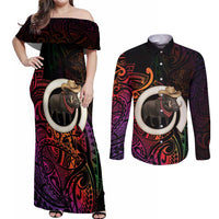 Vanuatu Boar Cowboy Couples Matching Off Shoulder Maxi Dress and Long Sleeve Button Shirt Tusk Gradient Polynesian Pattern LT14 Black - Polynesian Pride