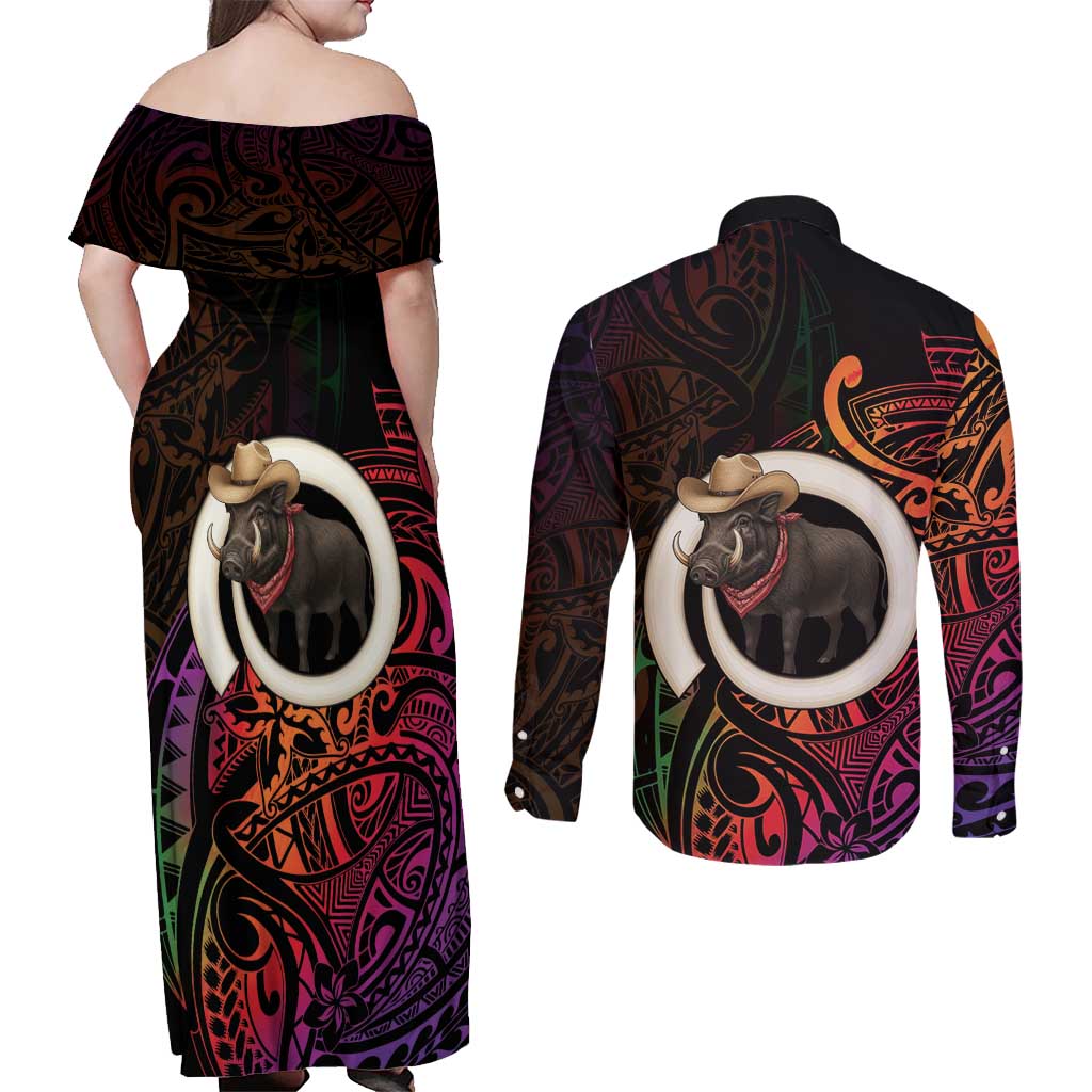 Vanuatu Boar Cowboy Couples Matching Off Shoulder Maxi Dress and Long Sleeve Button Shirt Tusk Gradient Polynesian Pattern LT14 - Polynesian Pride