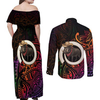 Vanuatu Boar Cowboy Couples Matching Off Shoulder Maxi Dress and Long Sleeve Button Shirt Tusk Gradient Polynesian Pattern LT14 - Polynesian Pride