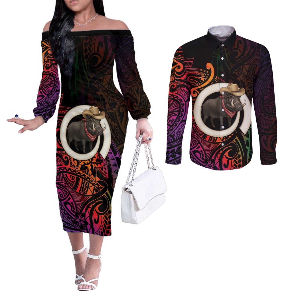 Vanuatu Boar Cowboy Couples Matching Off The Shoulder Long Sleeve Dress and Long Sleeve Button Shirt Tusk Gradient Polynesian Pattern LT14 Black - Polynesian Pride