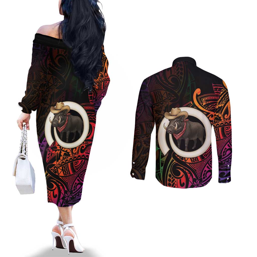 Vanuatu Boar Cowboy Couples Matching Off The Shoulder Long Sleeve Dress and Long Sleeve Button Shirt Tusk Gradient Polynesian Pattern LT14 - Polynesian Pride