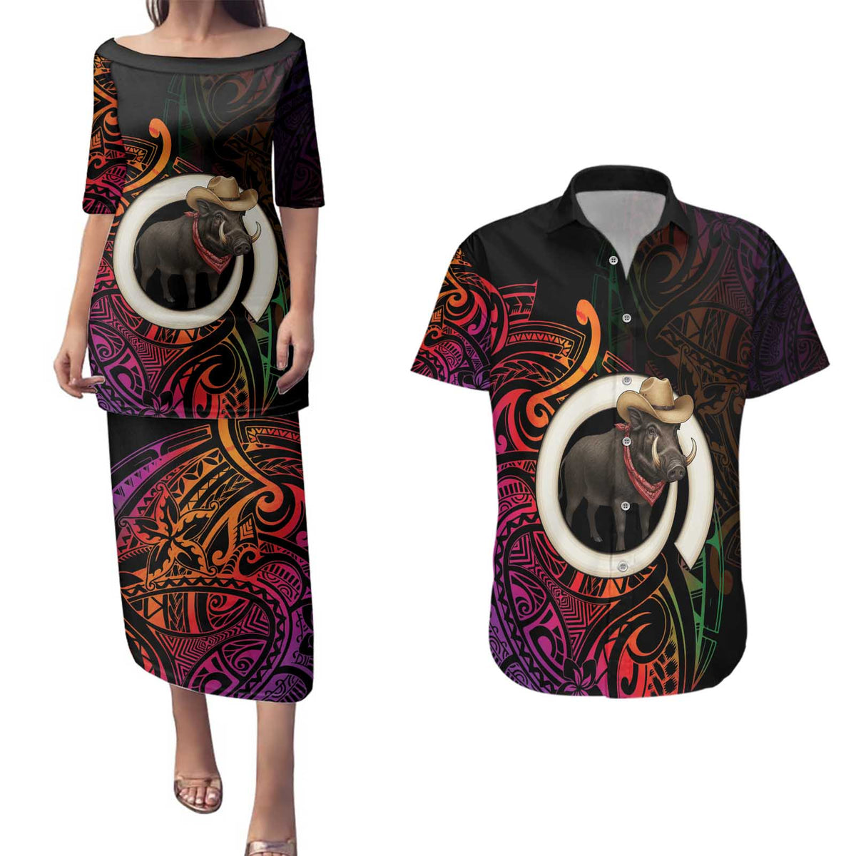 Vanuatu Boar Cowboy Couples Matching Puletasi and Hawaiian Shirt Tusk Gradient Polynesian Pattern LT14 Black - Polynesian Pride