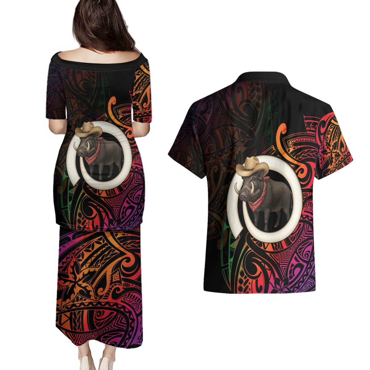 Vanuatu Boar Cowboy Couples Matching Puletasi and Hawaiian Shirt Tusk Gradient Polynesian Pattern LT14 - Polynesian Pride