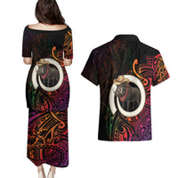 Vanuatu Boar Cowboy Couples Matching Puletasi and Hawaiian Shirt Tusk Gradient Polynesian Pattern LT14 - Polynesian Pride