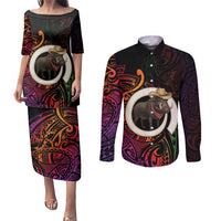 Vanuatu Boar Cowboy Couples Matching Puletasi and Long Sleeve Button Shirt Tusk Gradient Polynesian Pattern LT14 Black - Polynesian Pride