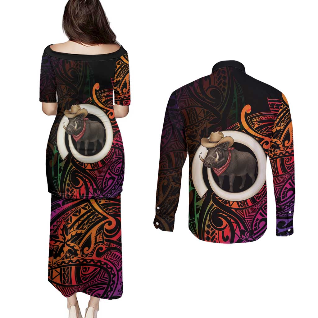 Vanuatu Boar Cowboy Couples Matching Puletasi and Long Sleeve Button Shirt Tusk Gradient Polynesian Pattern LT14 - Polynesian Pride
